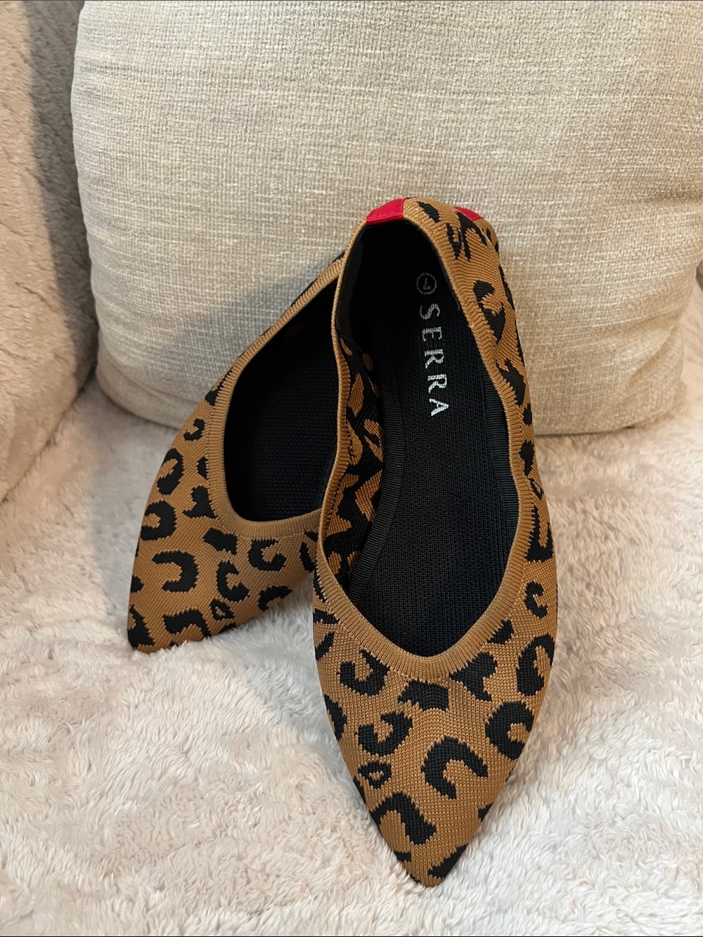 Serra Leopard-Print Pointed Flats in Brown, Black & Red Women’s Size 7